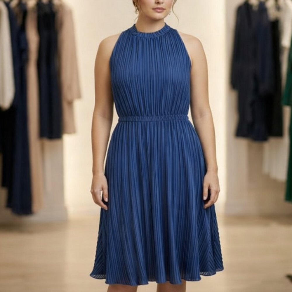 DKNY Blue Pleated Ruffle Neck Dress
